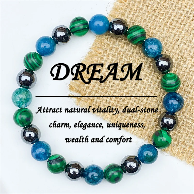 Fashionable 8mm Green Malachite Beaded Hematite Bracelet - Handmade Elastic Rope Bracelet - The Best Gift to Give