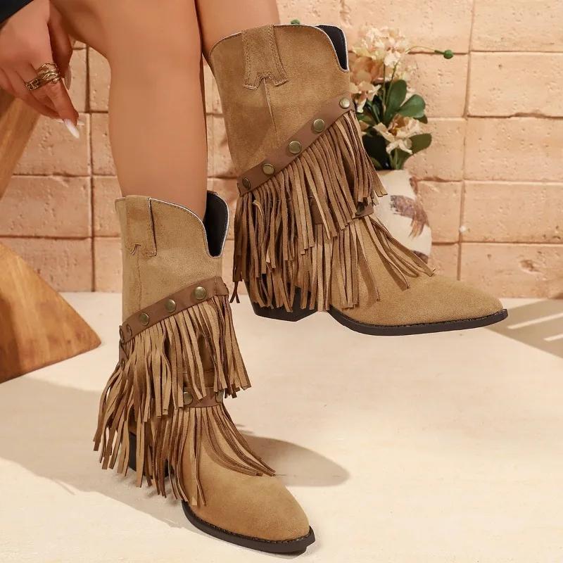 Vintage Tassel Trousers Booties Women Fall/Winter 2026 New Western Denim Single Shoes