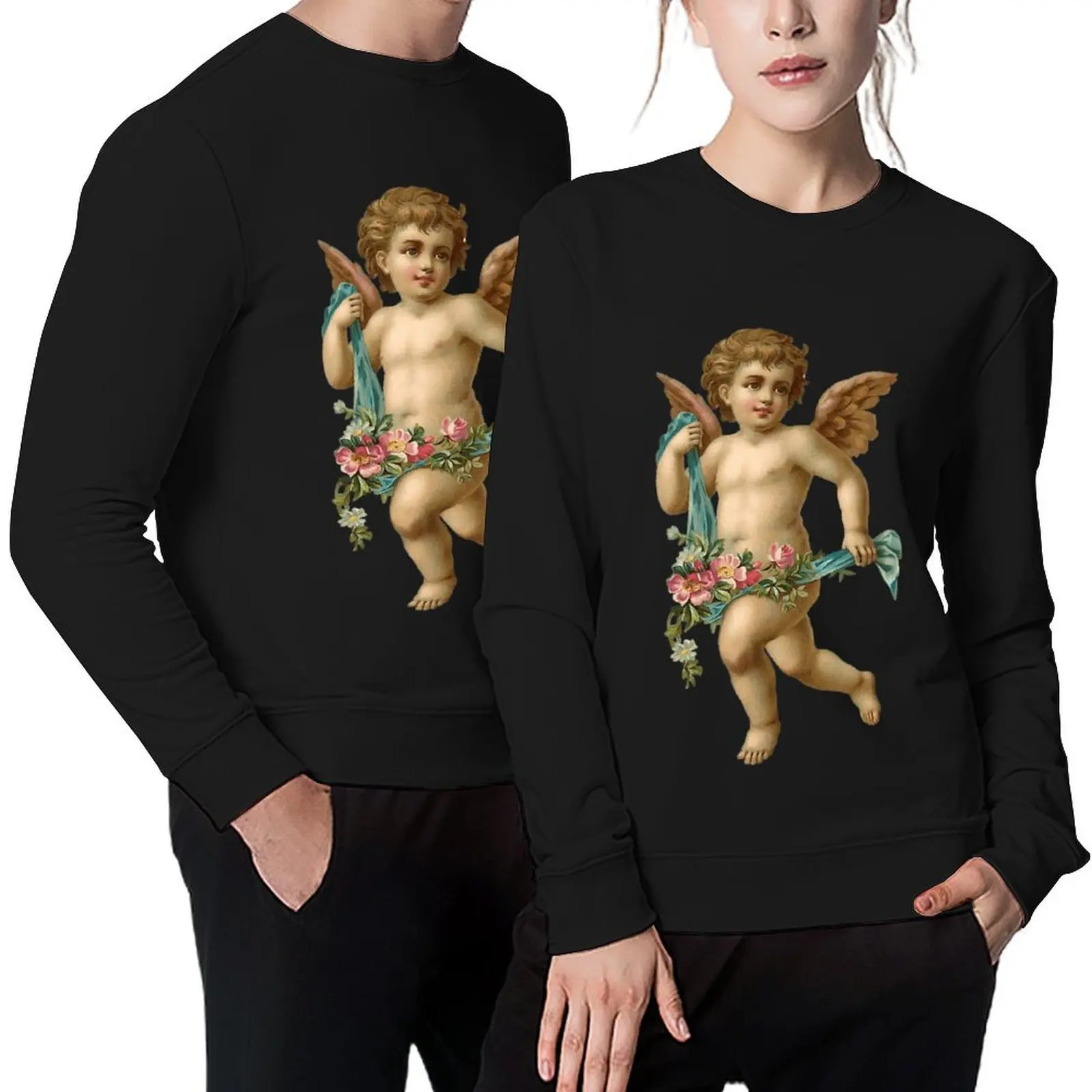 

Heavenly vintage cherub with blue sash and flowers Pullover men's winter sweater blouse tracksuits sweatshirt men