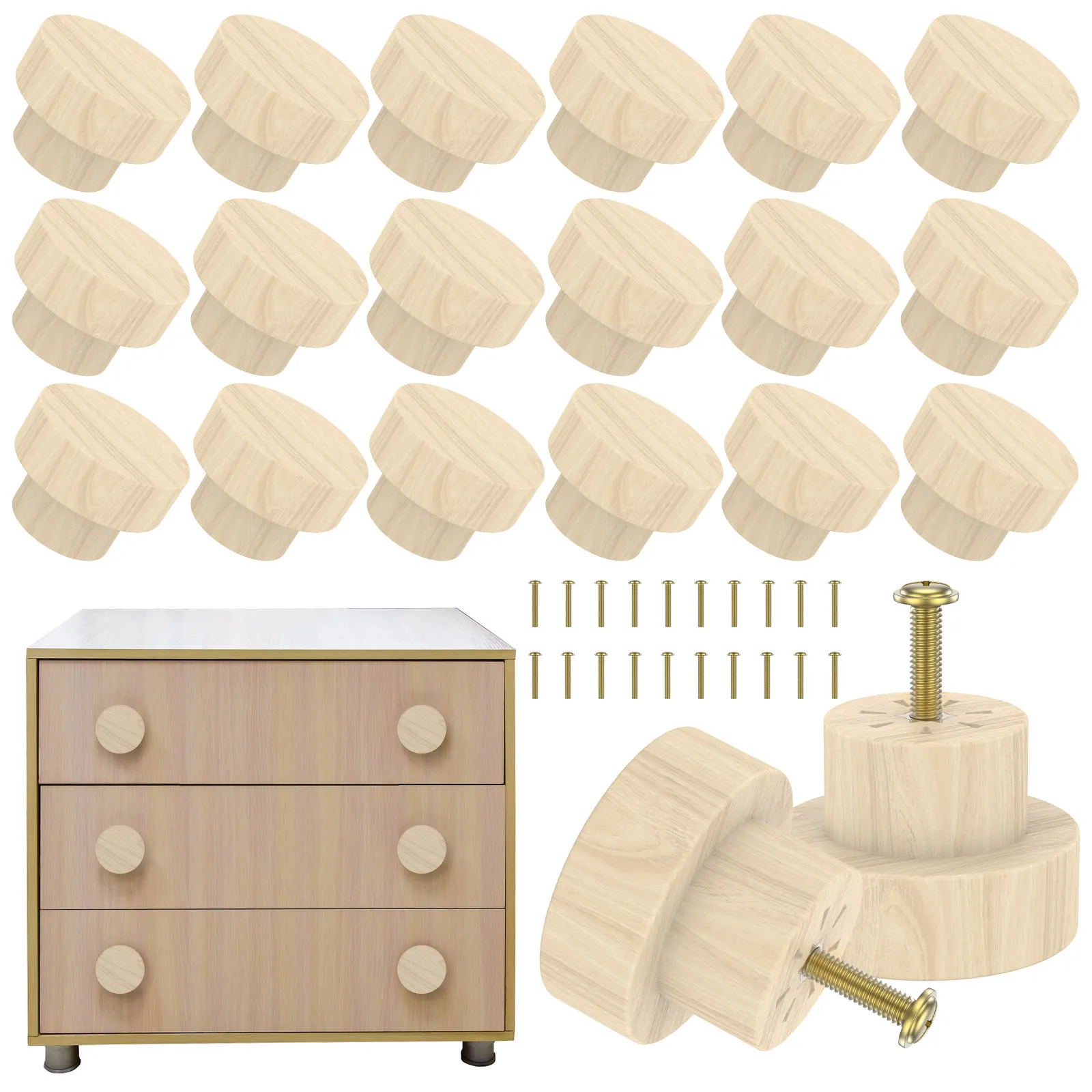 20Pcs Wooden Drawer Knobs Set Cabinet Furniture Door Drawer Flat Top Pull Handle Round 35mm Wardrobe Hardware