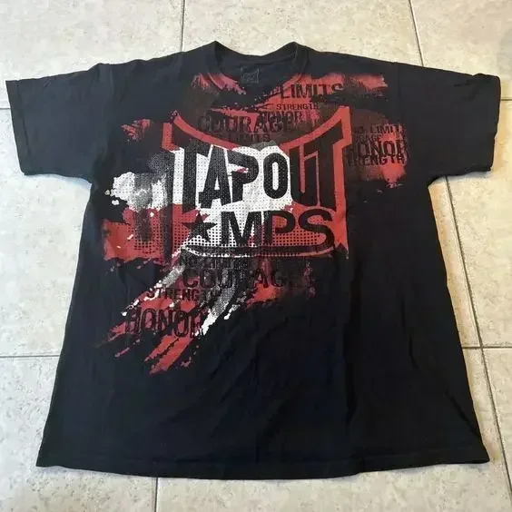 90s TAPOUT men New Y2K black Printing T shirt Hip Hop Round Neck