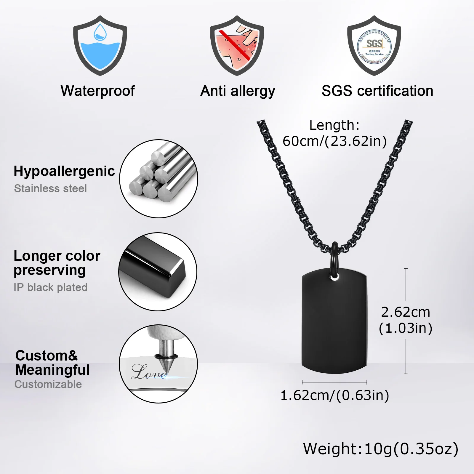 Vnox Small Thick Dog Tag Necklaces for Men Boys, Military Dogtags Pendant,Black Silver Color Stainless Steel Collar Gift for Him