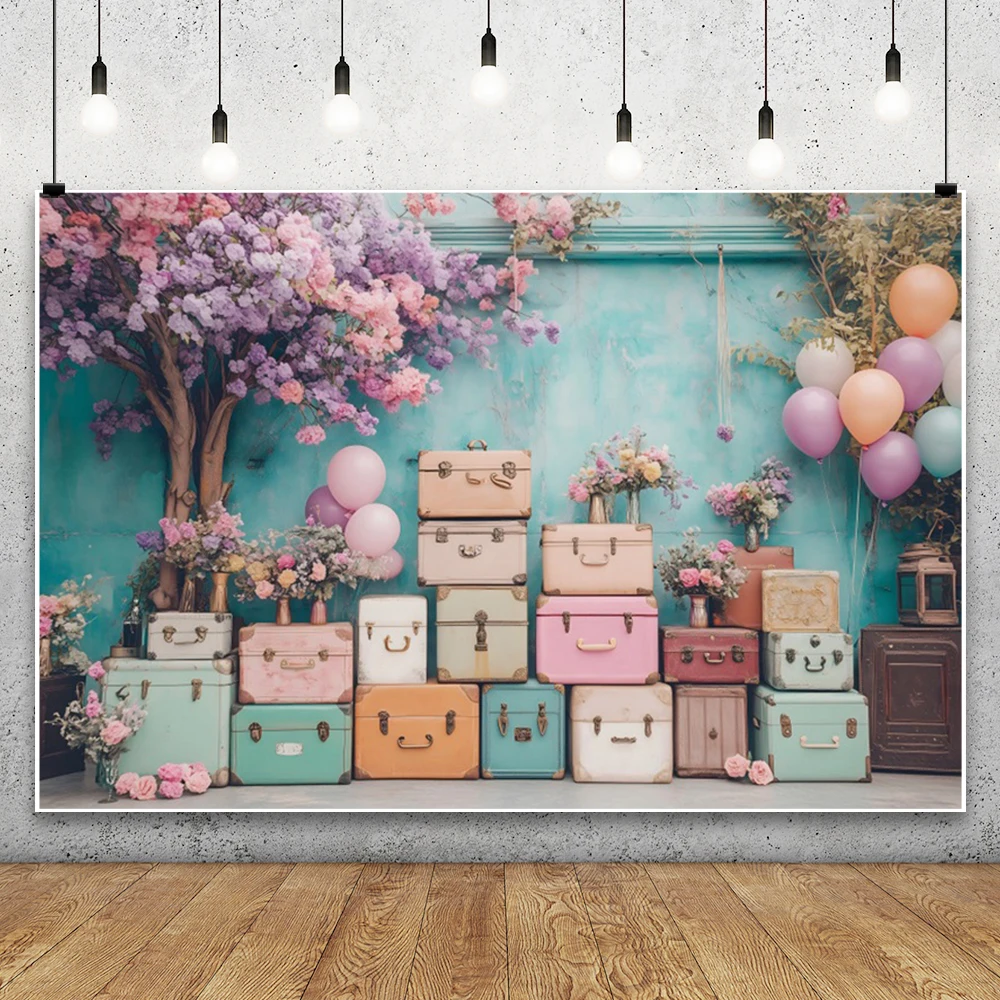 Spring Easter Background Vintage Wall Wooden Door Bookshelf Flowers Balloons Luggage First Travel Girls Portrait Photo Backdrop