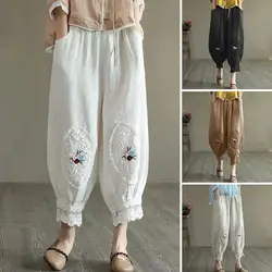 Vintage Boho Cotton Linen Pants for Women Summer Pockets Thin Beach Trousers Woman Casual High Waist Loose Harem Pants