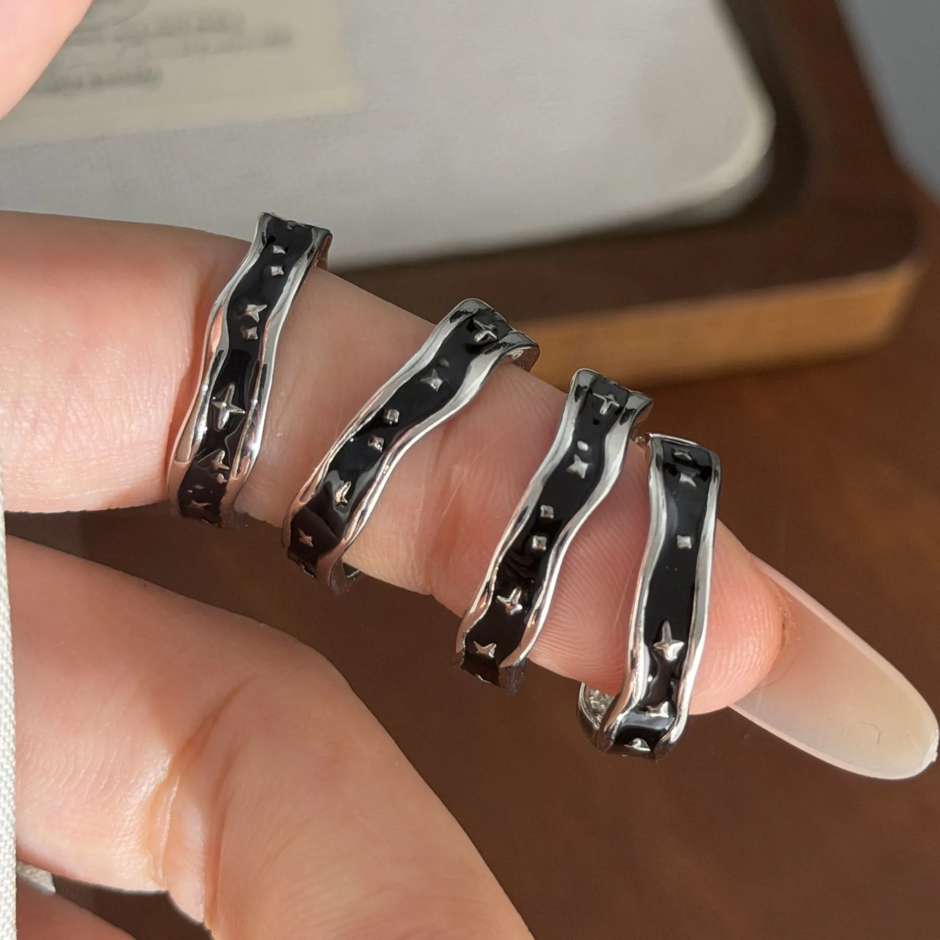 925 Sterling Silver Rings for Women Couple Minimalist Handmade Simple Black Star Ring Party Jewelry Gift Prevent Allergy