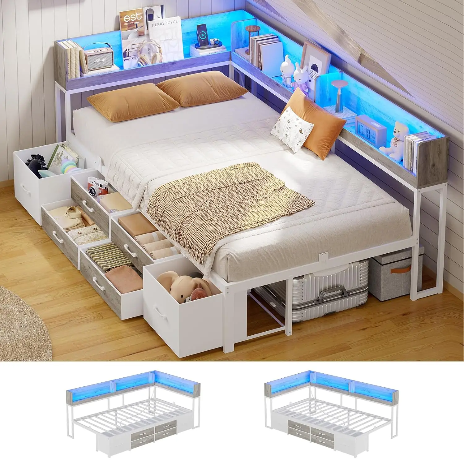 14 Inch Corner Bed Frame With Bookcase Storage, Twin Daybed With 6 Drawers, Charging Station And LED Light, Twin, Customized