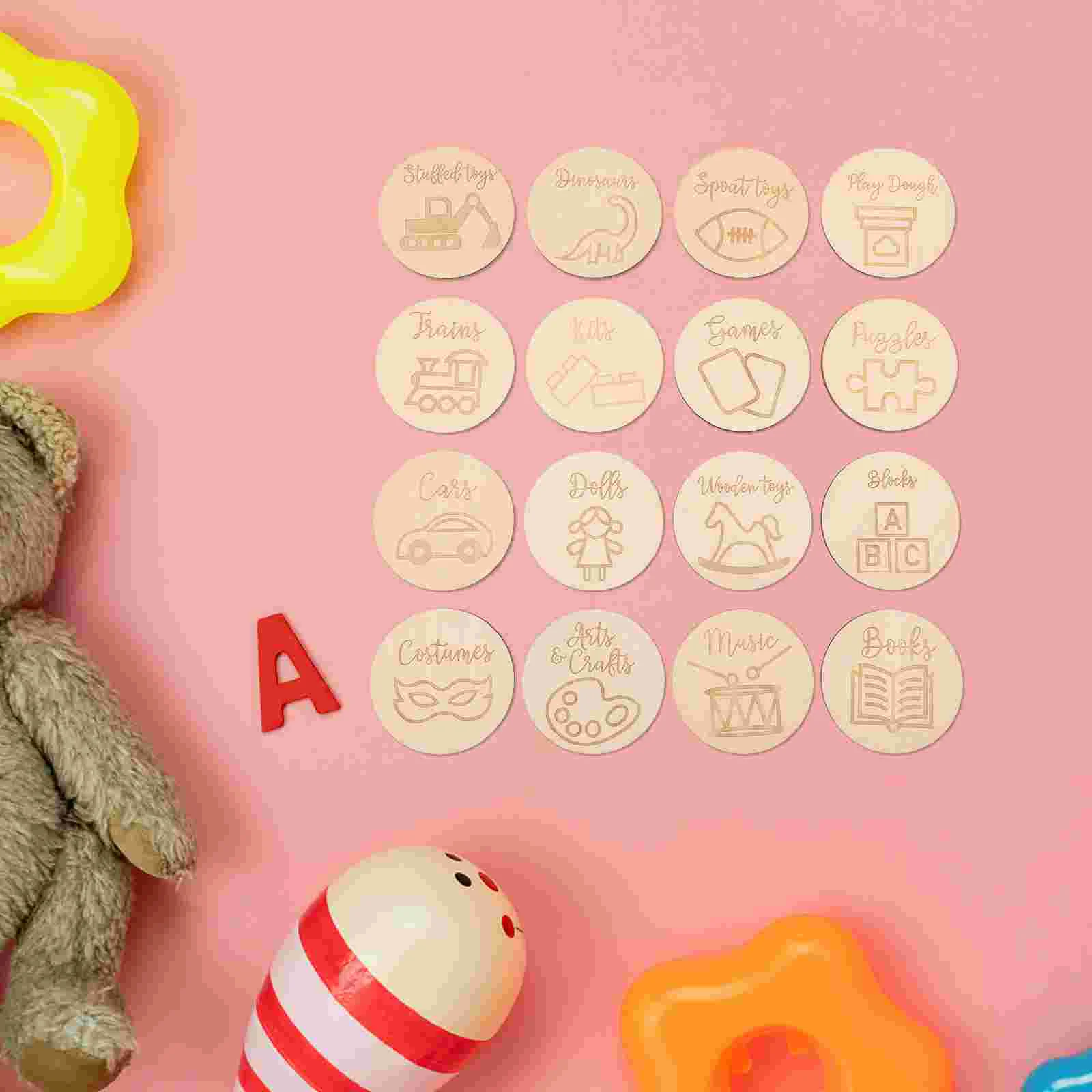 16 Pcs Food Toys Wooden Discs Tag for Organization Round Tags Home Decor Storage Box Circle Nursery Decoration Organizer Baby