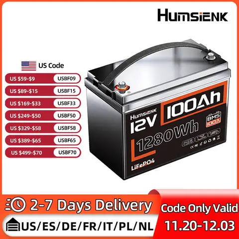 Humsienk 12V 100Ah intégré 100A BMS Lithium fer Phosphate batteries pour RV/vanettes/moteur de pêche à la traîne/chariot de Golf/Camping/UL 1973