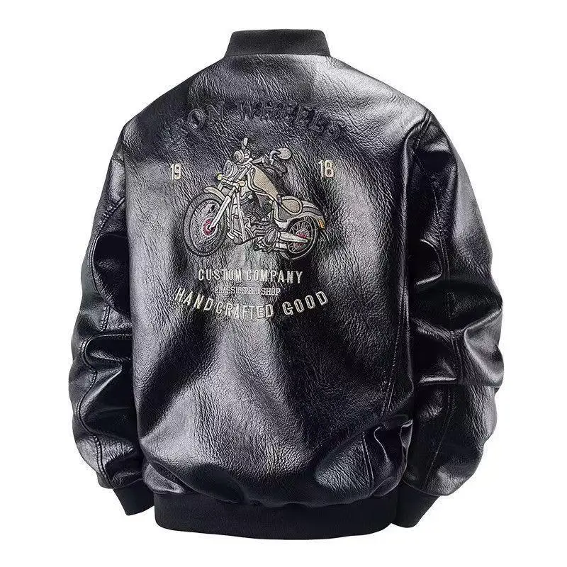 Spring and Autumn New American Retro Embroidered Black Leather Jacket Men's Motorcycle Coffee Color Fleece Lined Leather Jacket