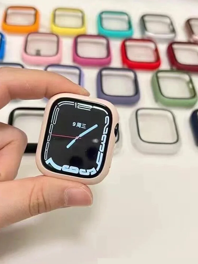 Gehärtetes Glas + Abdeckung für Apple Watch-Zubehör 44 mm 45 mm 41 mm 40 mm 42 mm Displayschutzfolie Apple Watch-Gehäuse Serie 9 5 6 SE 7 8