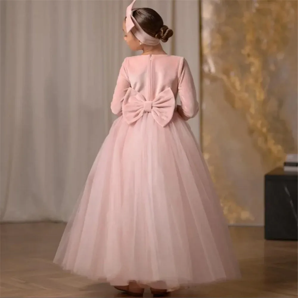 Customized Dusty Pink Flower Girl Dresses For Wedding Velvet 3/4 Sleeves With Bow Elegant Kids Formal Events Birthday Party Gown