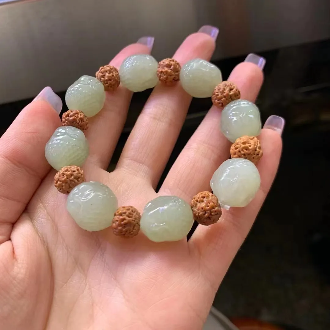 Natural 100% real green hetian Jade round beads carved Smiling Buddha bracelets for couples woman men Gift with jade bracelet