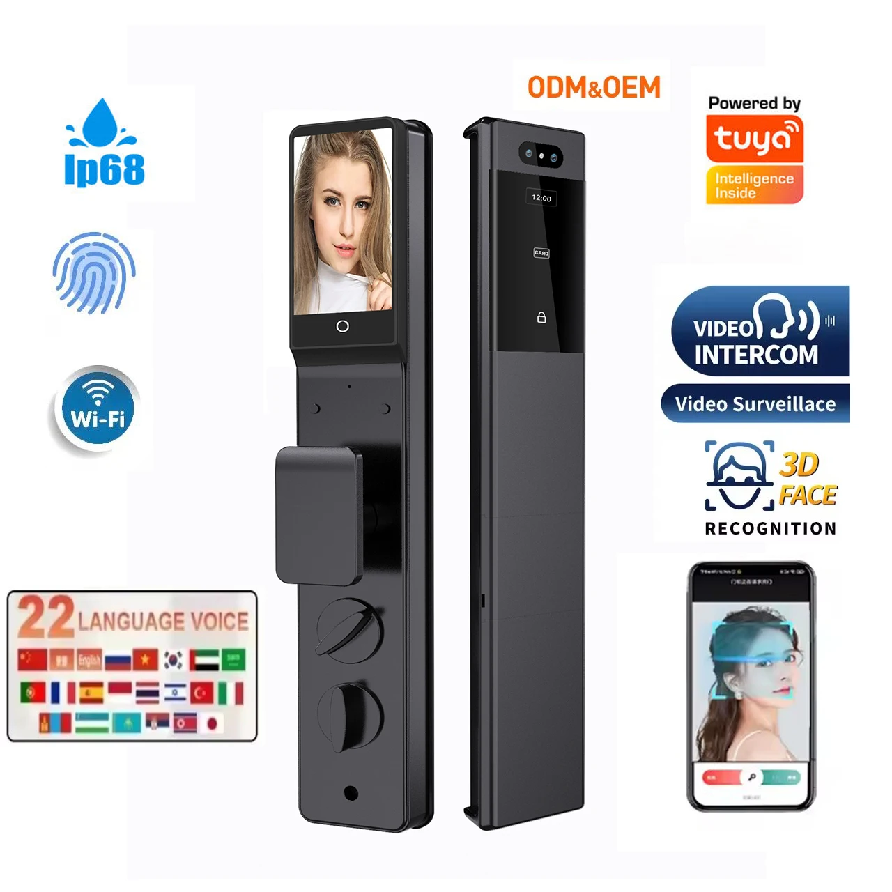 Smart Aluminum Alloy Digital Lock Fingerprint Face Recognition Code Active Video Intercom Multi-Language Steel/Brass/Wood Cloud
