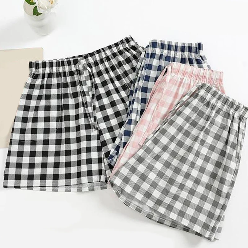 Fashion High Waist Casual Beach Home Loose Wide Leg Plaid Shorts For Women