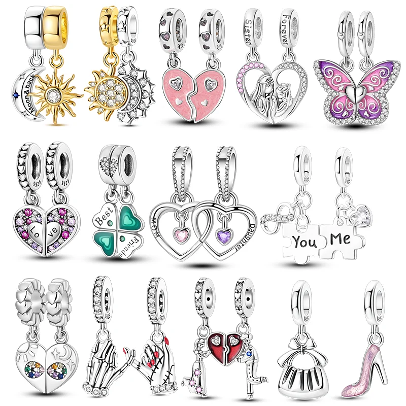 Original 925 Sterling Silver Charms Bead CZ Four Leaf Clover Sun Butterfly Dangle Fit Bracelet DIY Woman Jewelry Gift For Friend