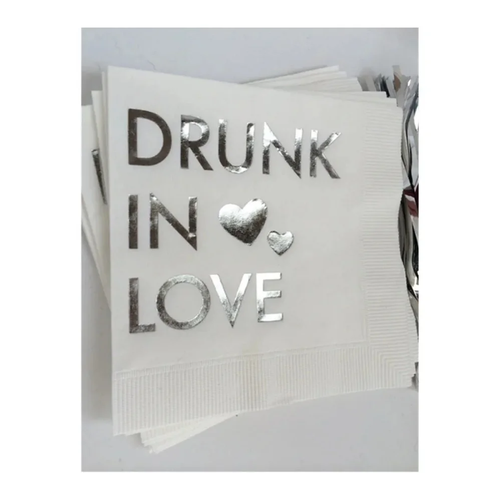 

Custom White Napkins with Metallic Silver Foil, Cocktail Beverage, Personalized Napkins, Drunk in Love Hearts, Heart