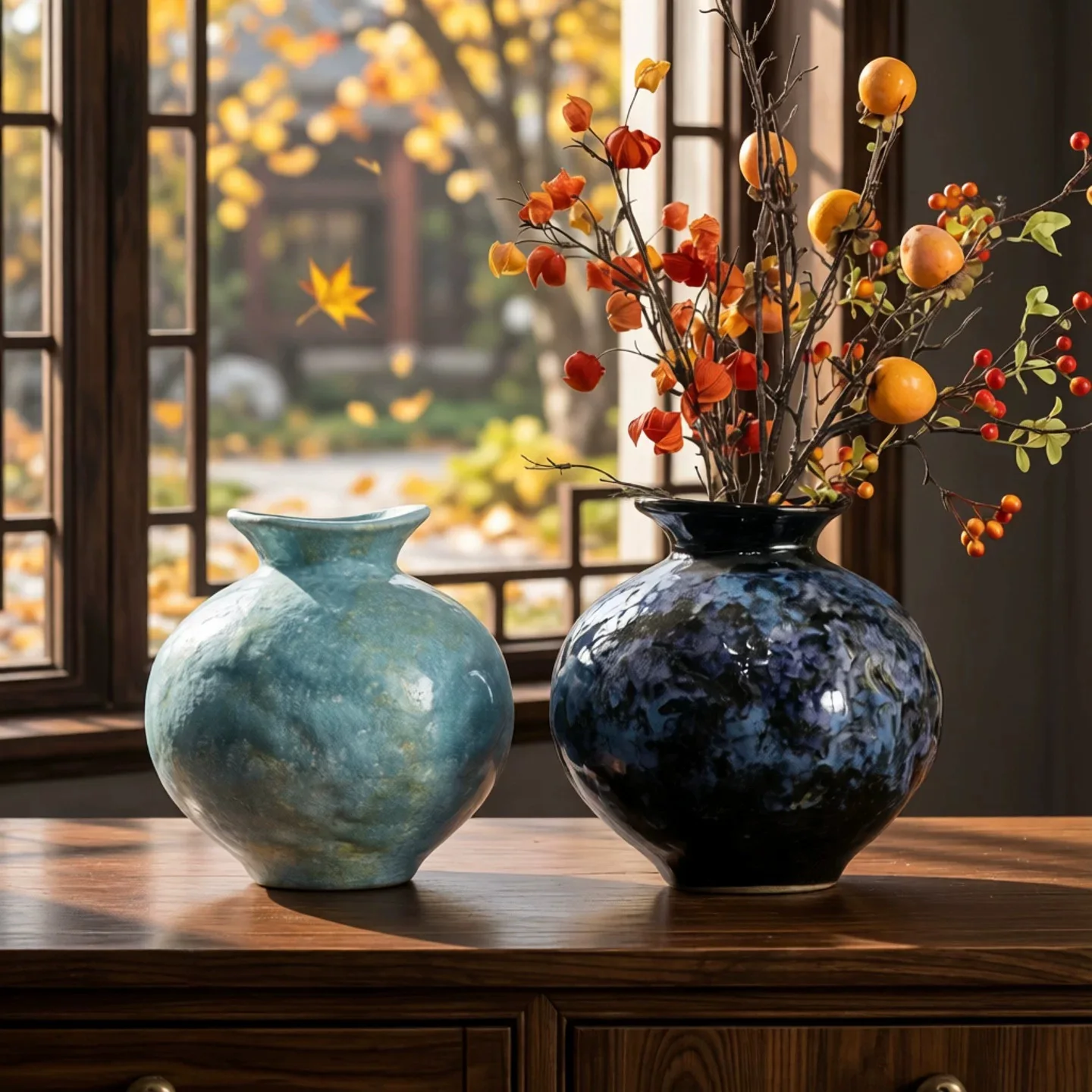 New Chinese style blue ceramic vase desktop decoration, retro flower ware home ornament vase