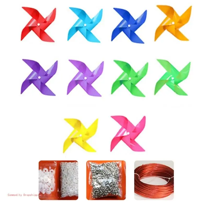 

100pcs Colorful Pinwheels Plastic Windmill Toy with 30M Wire Rope Fitting Set Party Favor Outdoor Decor Wind Spinners