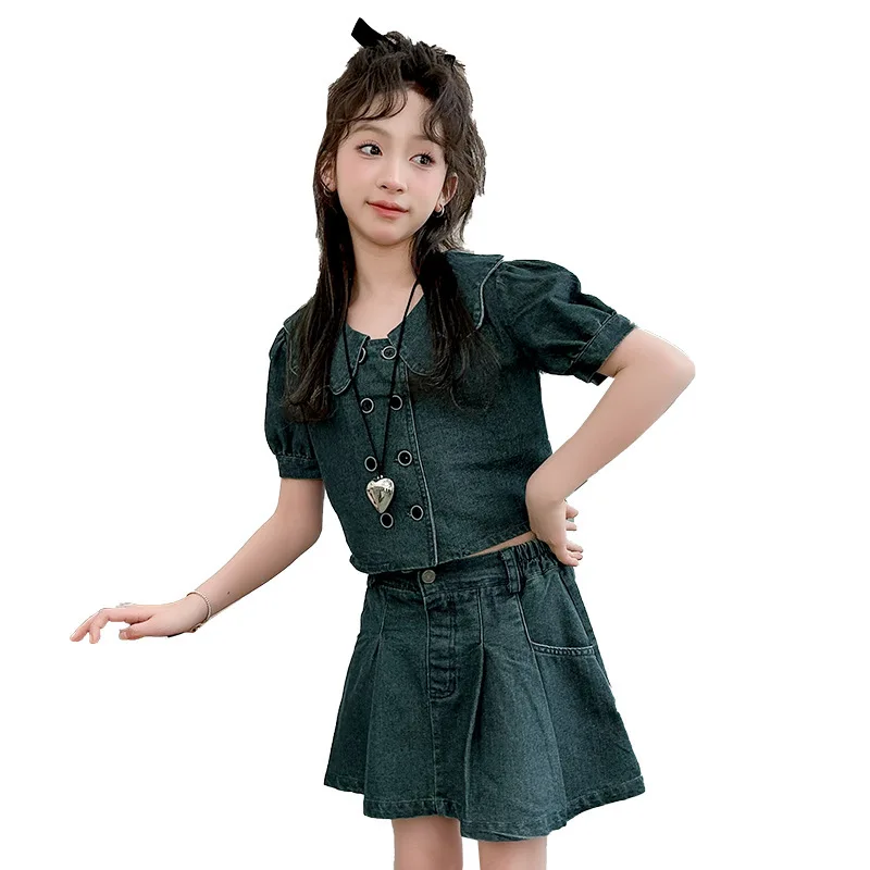 2025Girls' Denim Summer New Casual Doll Collar Top+Pleated Short Skirt Two-Piece Set
