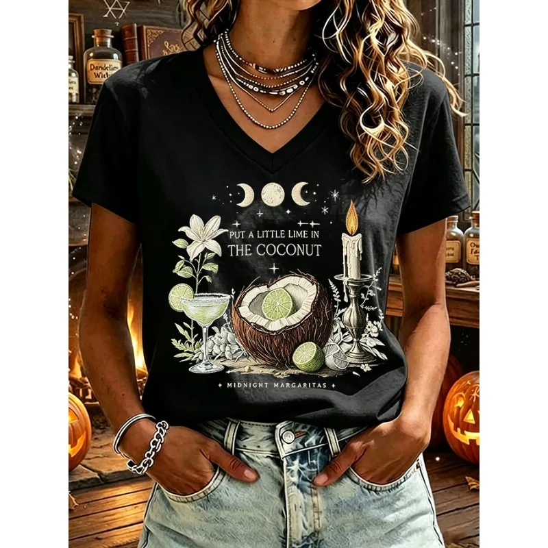 ilstile Women's Halloween Midnight Print T-Shirts Summer Short Sleeve Casual Loose V Neck Tops Tees Black Hot Sale