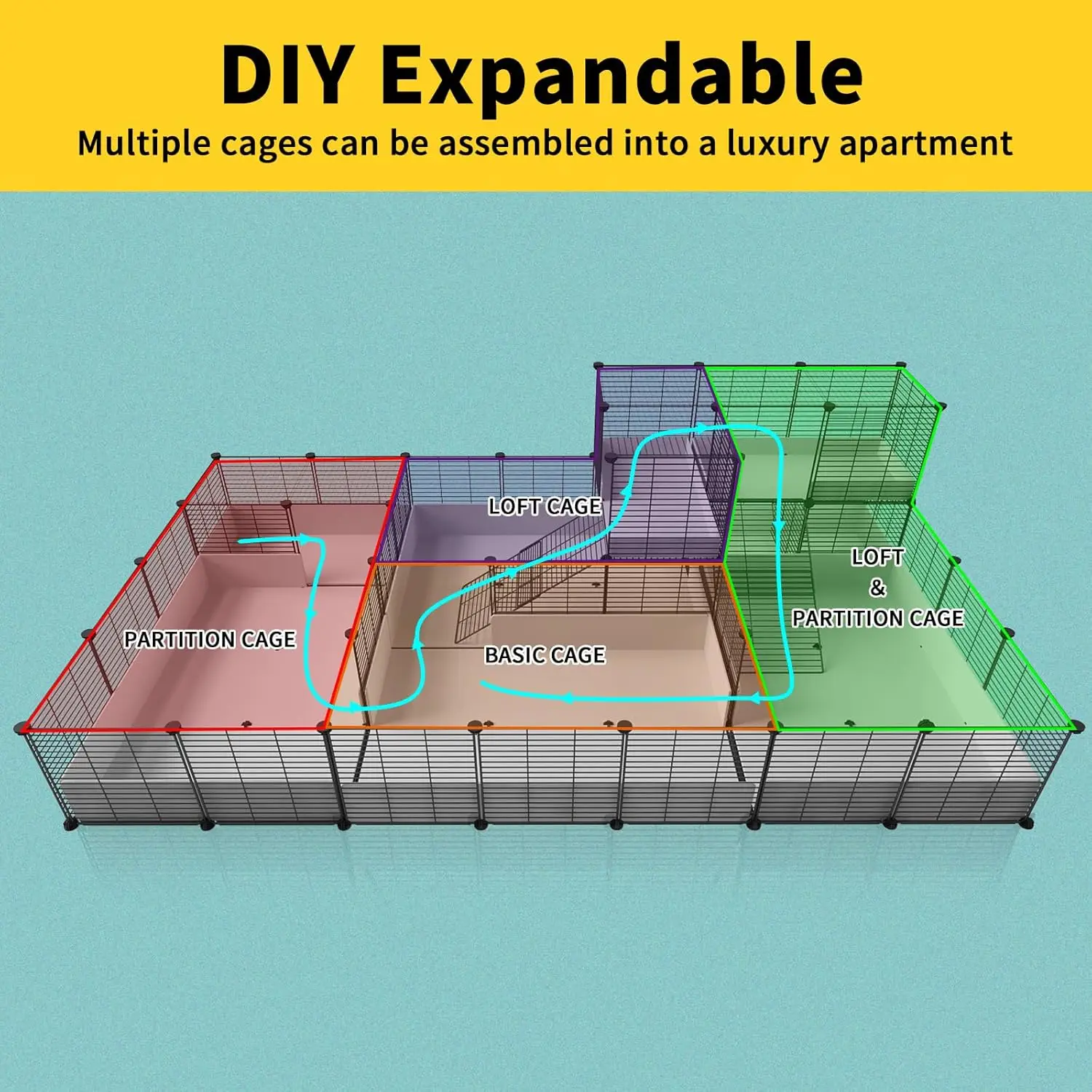 Jaula para conejillos de indias, jaula para hábitat interior con fondo de plástico impermeable, parque para mascotas pequeñas, conejito, tortuga, Hamste, Loft y partición