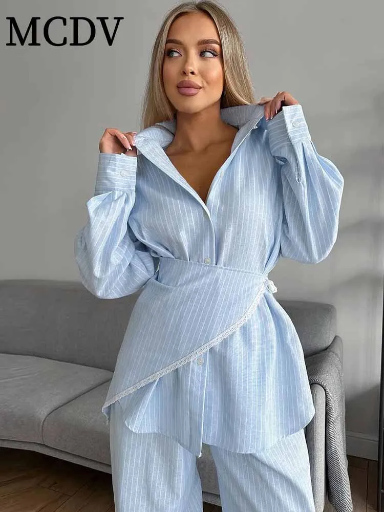 MCDV Casual losse streep broek set dames kant patchwork volledige mouw knop shirt veterriem wijde pijpen broek 3-delige outfits