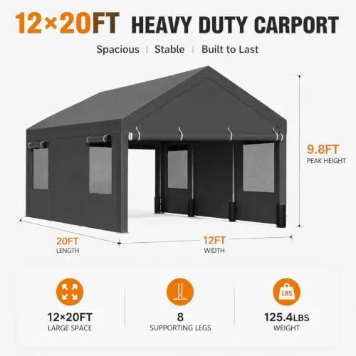 12x20 Heavy Duty Carport, Portable Garage for Truck SUV, Grey | 8 Reinforced Legs, 180g PE Tarp, Roll-Up Windows