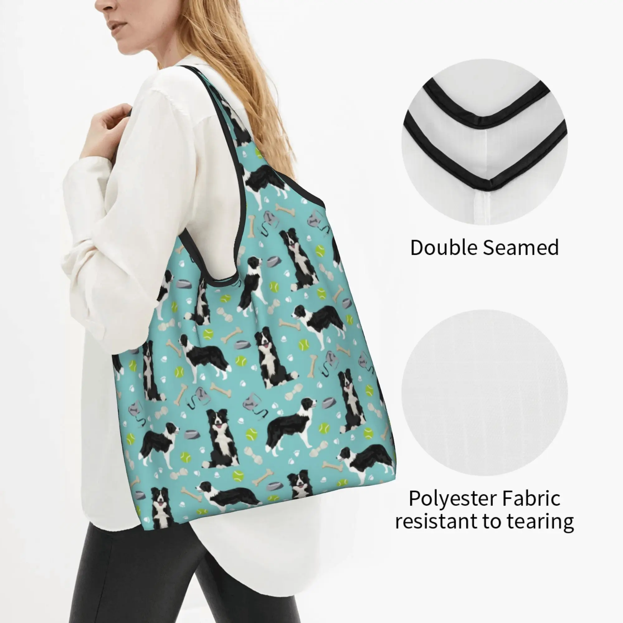 Custom Border Collie Tennis Ball Shopping Bags Women Portable Large Capacity Grocery Pet Dog Lover   Shopper Tote Bags