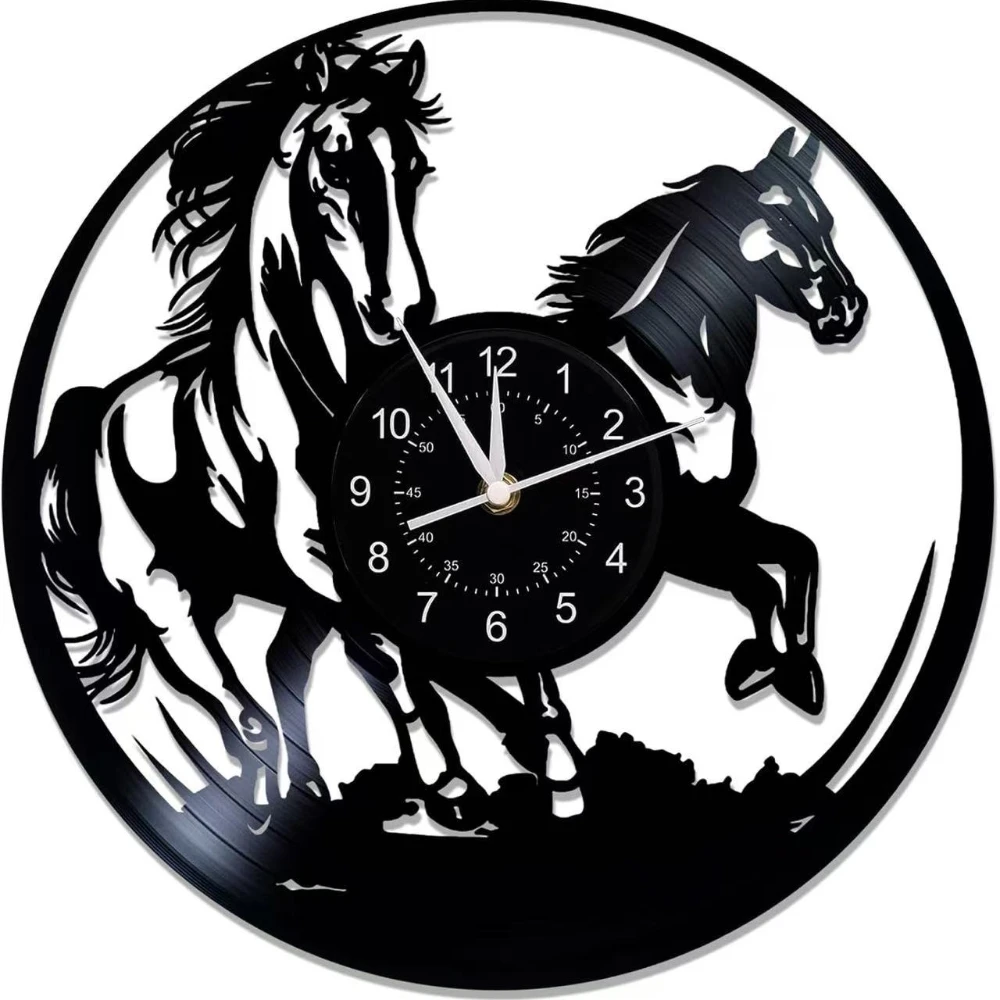 Running Horse Vinyl Record LED Light Backlight Wall Clock Horse Racing Home Decor Living Room Bedroom Horse Art Wall Watch Gift