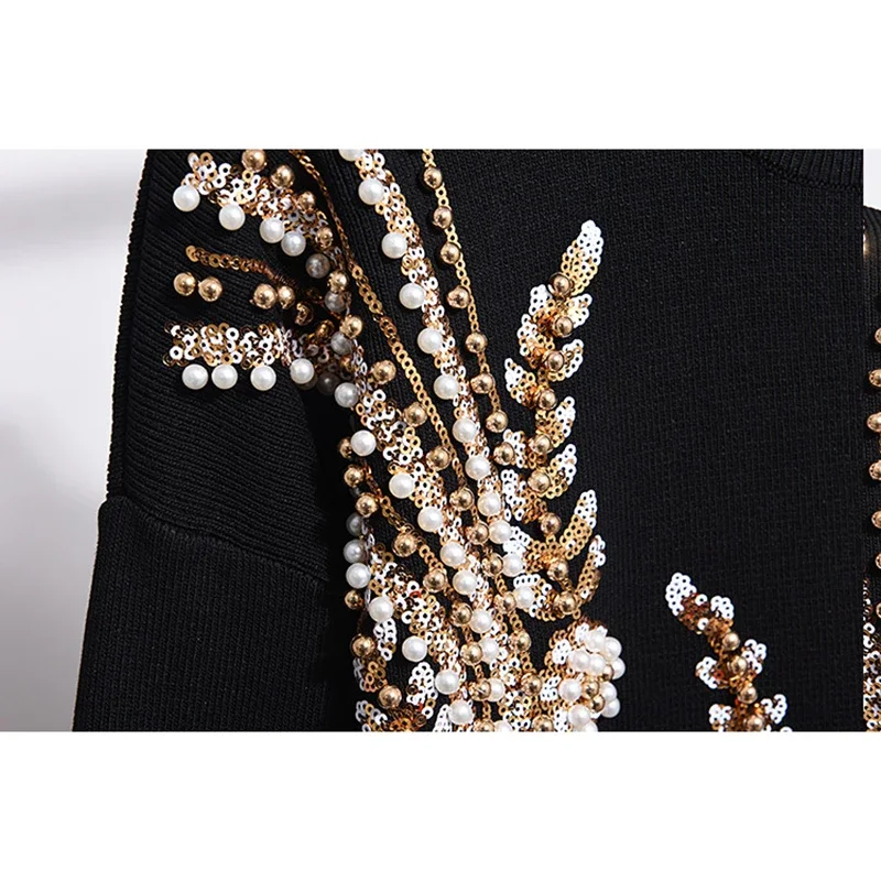 Korean Heavy Work Beading Embroidery Knitted Tracksuits Women Outfits Loose Black Gray Pullover Sweater Pencil Pants Set Female