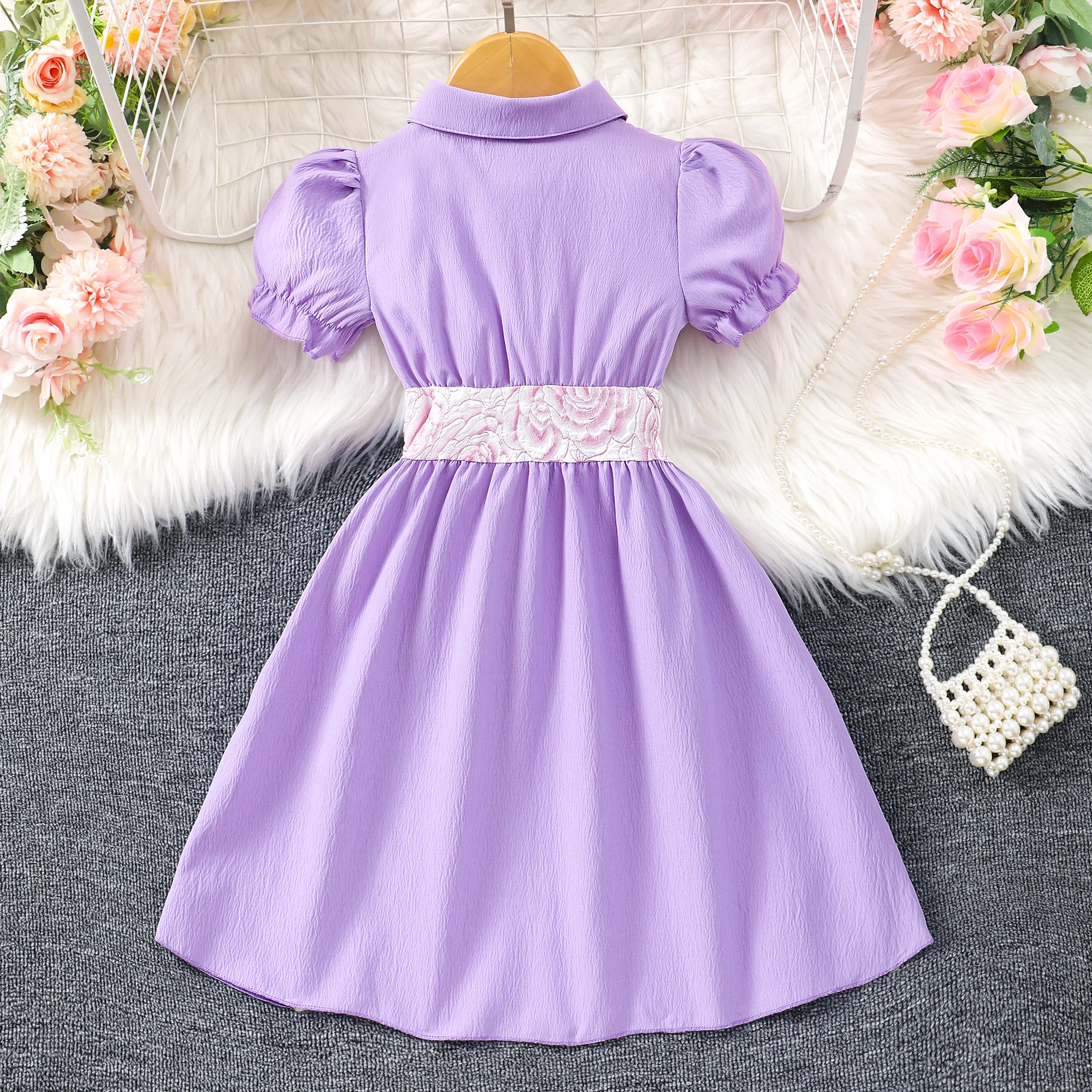 Kid Girls Dress Short Sleeve Summer Purple Fold-over Collar Single Row Buckle Children Dress Special Waist Flower Girls Clothing