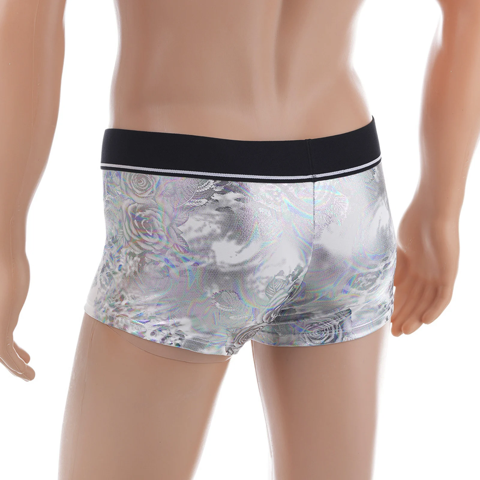 Mens Low Rise Cutout Pouch Underwear Lingerie Metallic Shiny Boxer Shorts with Built-in Silicone Ring Rave Nightclub Costume