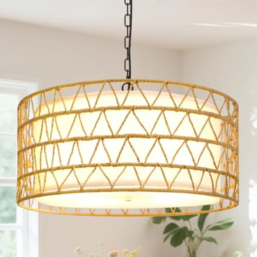 

20" Rattan Chandelier Farmhouse Light Fixtures, 5-Light Boho Chandeliers for Dining Room, Fabric Lamp Shade for Living Room, Be
