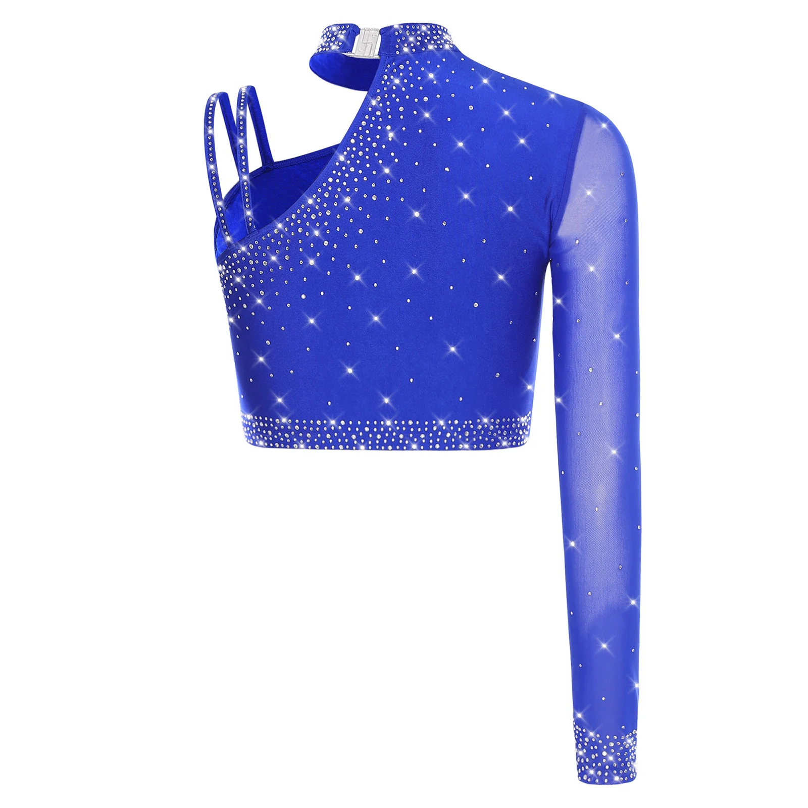 Top corto da ballo latino da donna Top singolo a maniche lunghe con spalla asimmetrica con strass per danza del ventre Chacha Tango Dancewear