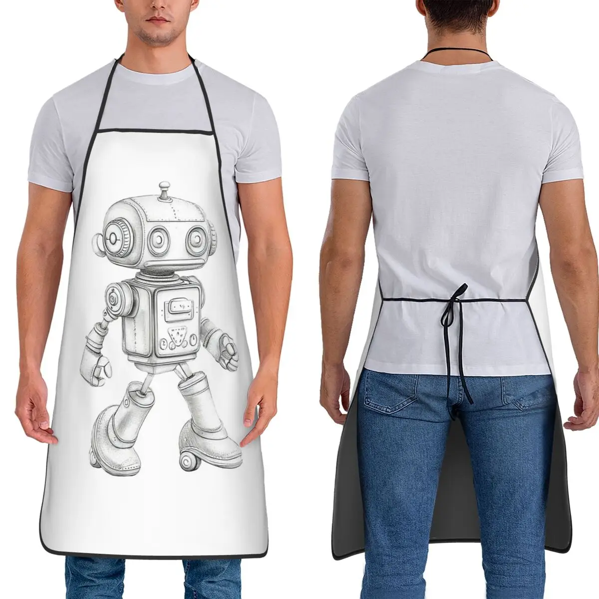 Retro Sketch Robot With Mechanical Charm Apron Chef Baking Tablier Sleeveless Bib Kitchen Cleaning Pinafore for Women Men