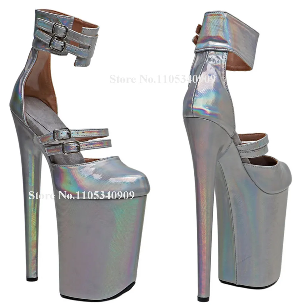Bondarenko Silver Hologram Iridescent Super Platform Stiletto Pumps Round Toe Ankle Straps 23cm Thin Heel Party Pumps Dance Shoe