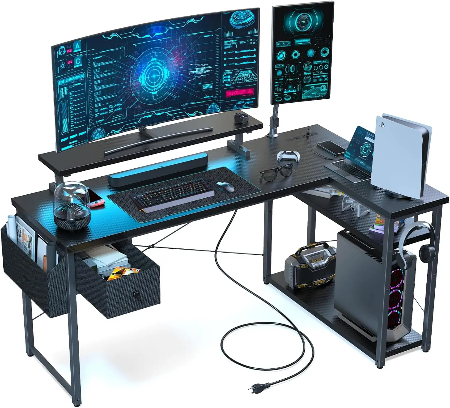 

L Shaped Gaming Desk, 55 H Computer Desk With Adjustable Stand & Rgb Lights, Corner Desk For Power Outlet, Carbon Fiber