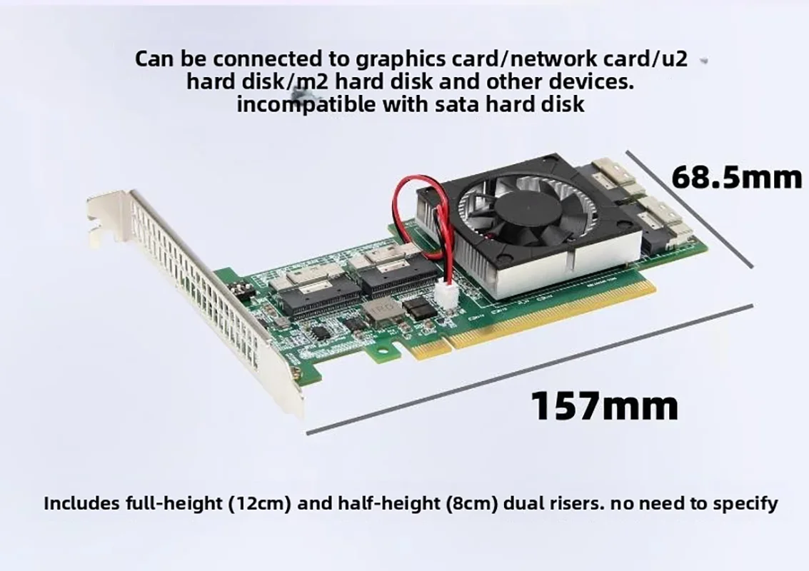 PLX expansion card PLX8749 with 4 SFF8654 x8 interfaces, supporting 8 NVMe hard drives