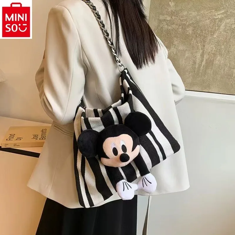 

MINISO 2024 Fashion New Striped Doll Cartoon Mickey Shoulder Bag Women's High Quality Retro Versatile Tote Bag