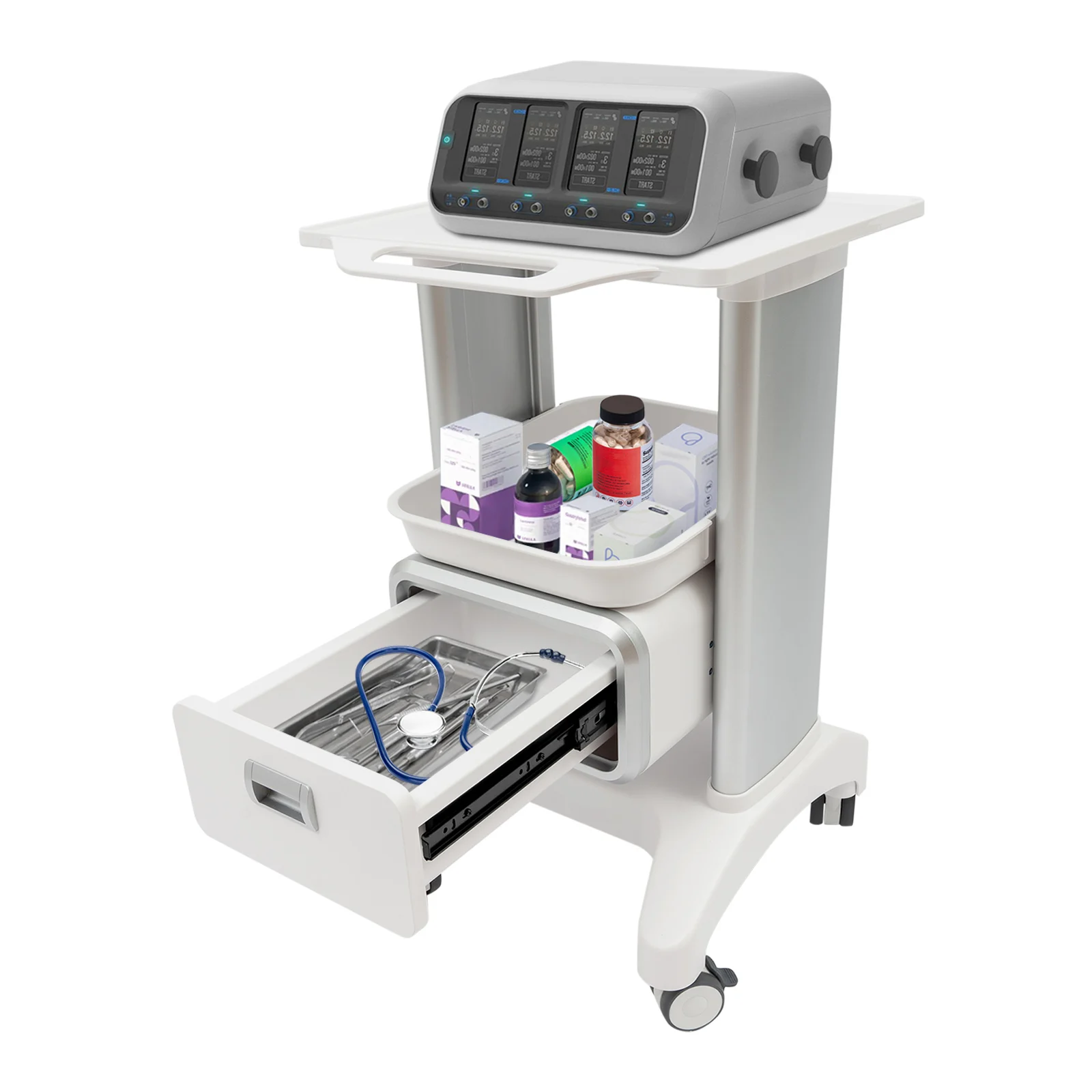 2-stufiger, abnehmbarer Laborwagen für Schönheitsinstrumente, mobiler medizinischer Rollwagen mit ABS-Material für den Krankenhaussalon in der Klinik