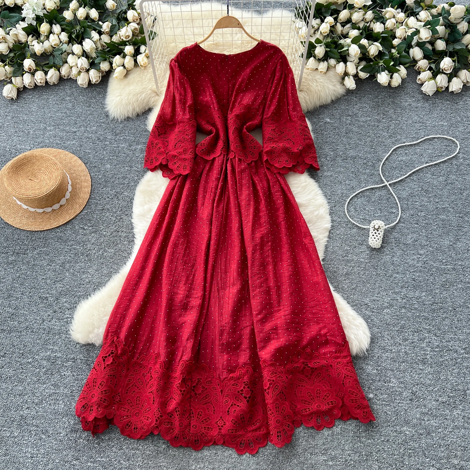 Schickes Vintage-Stil mit gespleißten Strasssteinen, schlank, elegante Fee, koreanische Mode, Boho-Sommerkleid, Damenbekleidung, langes Kleid