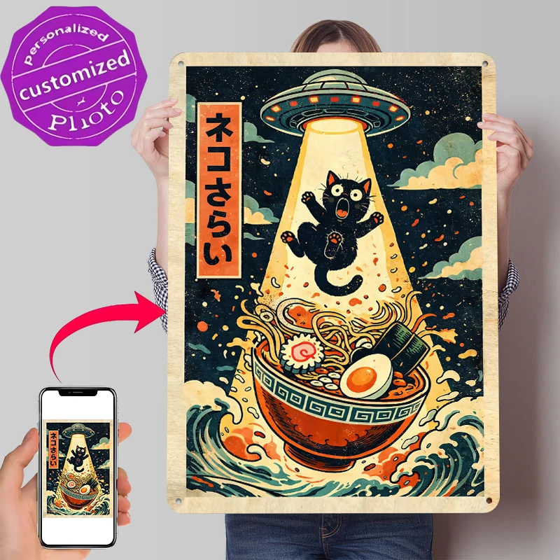 Cat Abducted By UFO Over Ramen Printed Poster Customized Wall Art Retro Vintage Metal Tin Signs for Decoration Bedroom Wand Deko