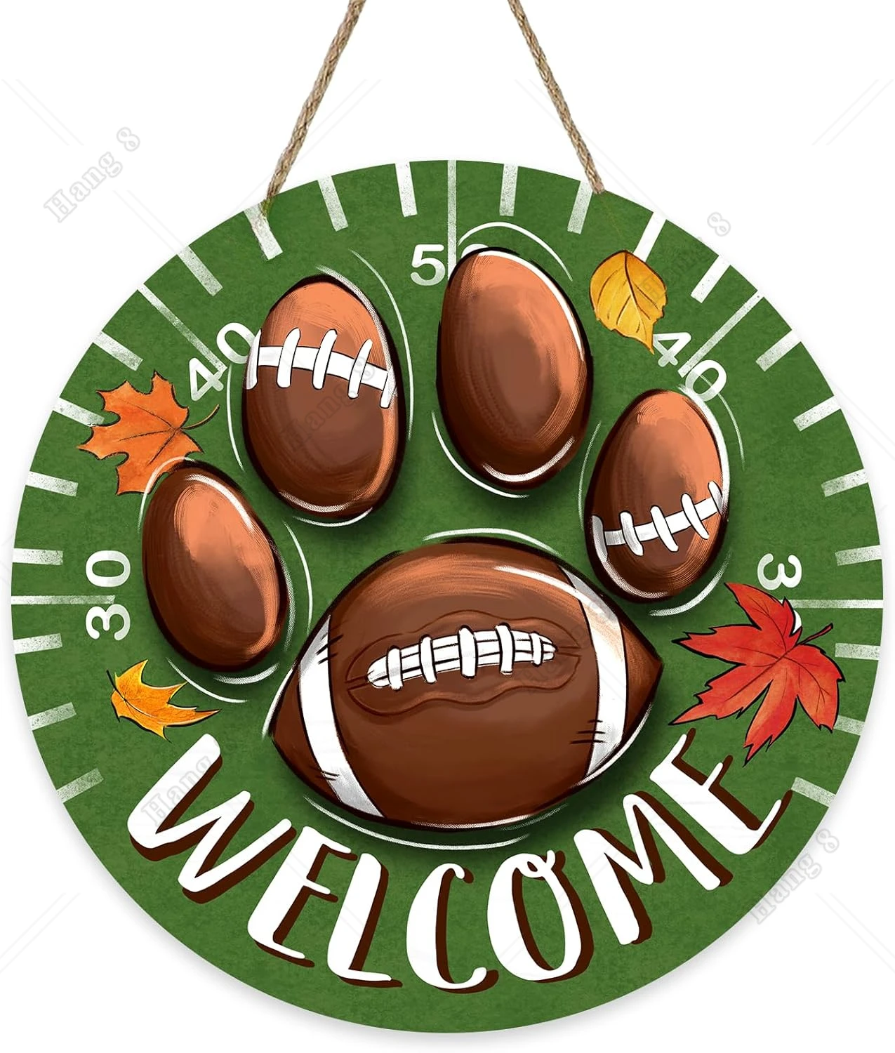 

Welcome Fall Football Sign for Front Door Decor, Autumn Sport Dog Cat Paw Green Wood Door Hanger for Outdoor Outside Porch 12in