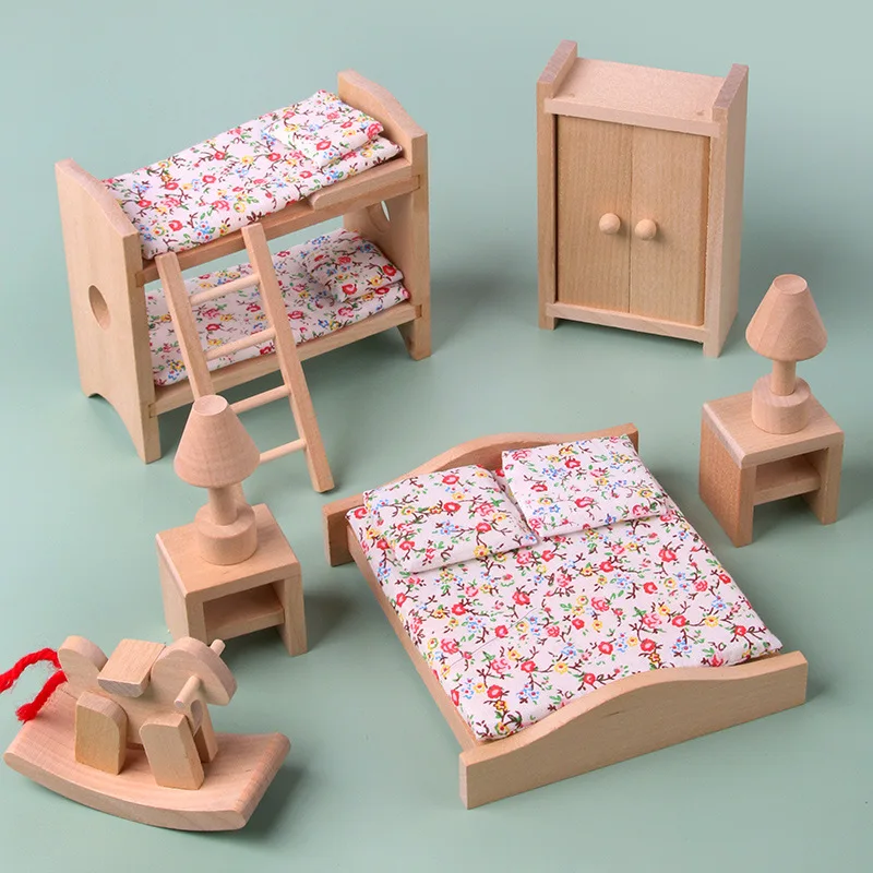 Miniature Furniture 1:12 Dollhouse Kitchen Bedroom Set DIY Scene Doll House Play Decoration Girl Toy Gift