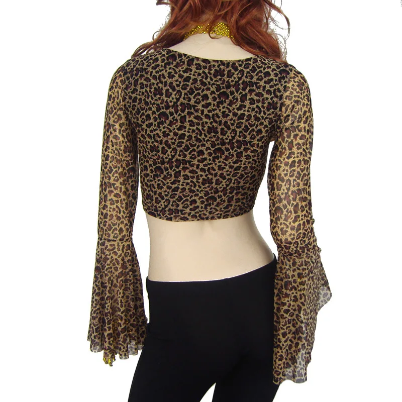 Disfraz de práctica de alta calidad para mujer y niña, Top con estampado de leopardo, manga de trompeta, manga de campana, danza del vientre, gran oferta