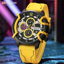 BORUSE Fashion Men Yellow Silicone Watch Chronograph Quartz Wristwatch with Watches for Men Big Dial Luxury Waterproof Watch