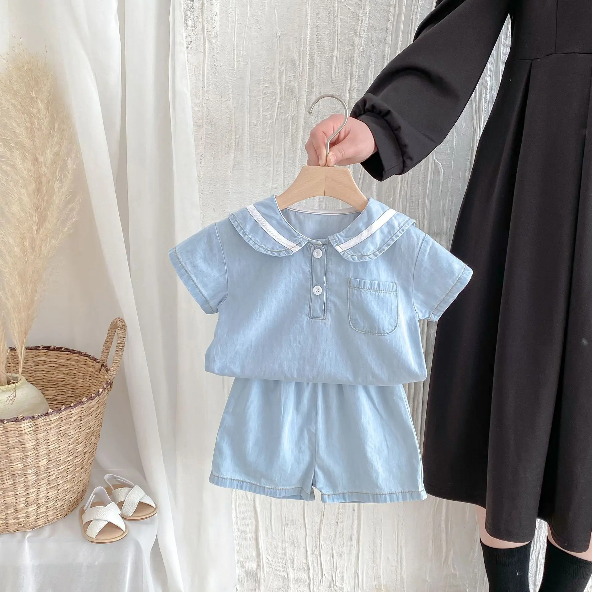 2026 Summer New Korean Style Baby Short Sleeve Denim Set Sailor Collar Sleeve T-Shirts Top Tees + Kid Shorts Two-Piece Set 0-4T