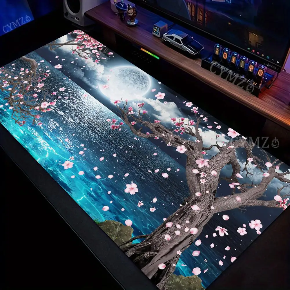 Kirschblüte Mond Landschaft Mauspad Schreibtischmatte Gaming-Matten Gummi rutschfest Langlebiges Schreibtischzubehör Tastatur Desktop-Pad Teppich