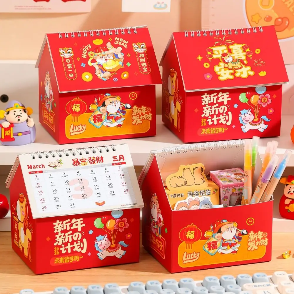 

Chinese Style 2026 Desk Calendar Coil Binding Cartoon Monthly Planner Horse Month Date Display Standing Flip Calenda Office Use