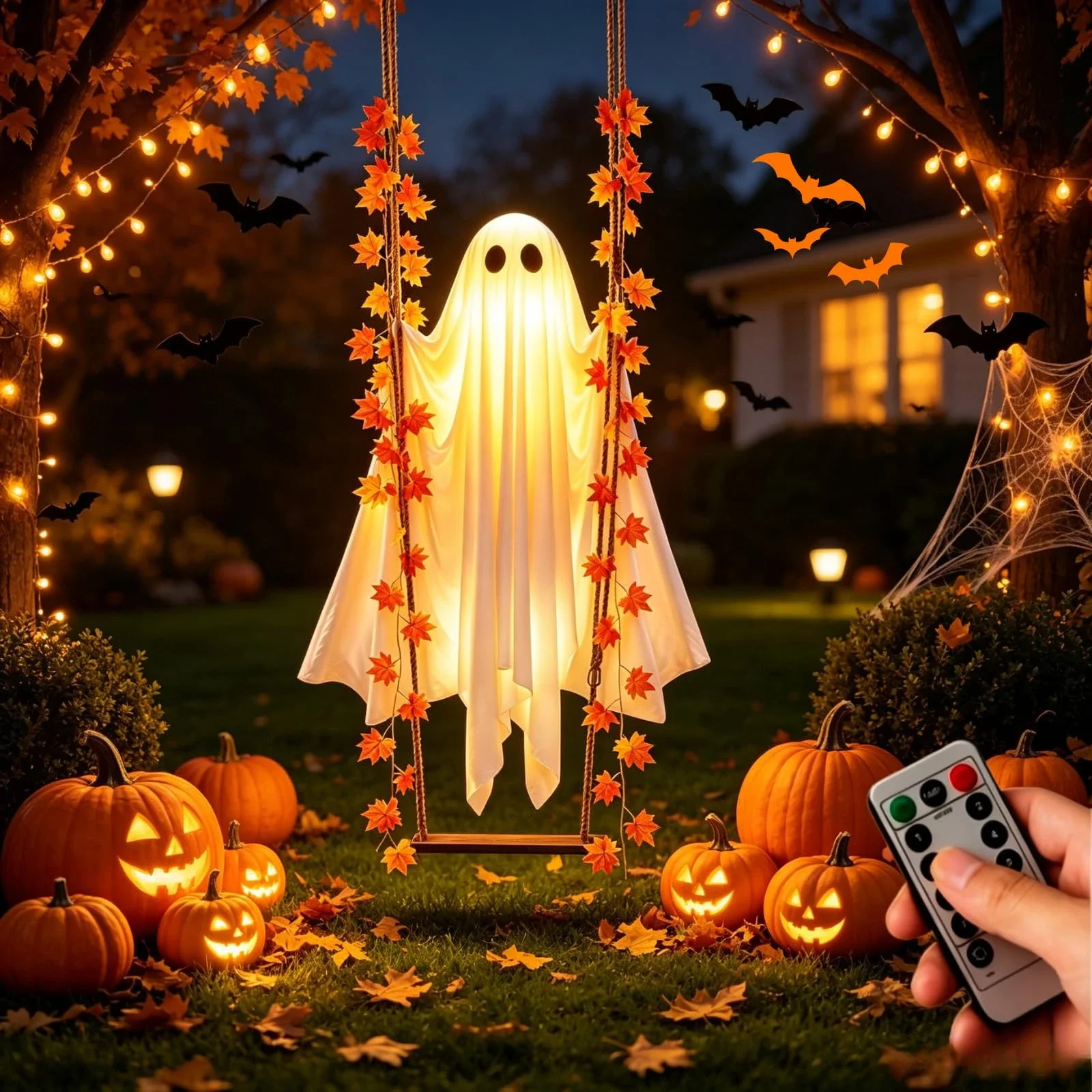 Leuchtender Halloween-Hängeschwinger-Geist mit Einstellbarer Helligkeit, Fliegender Geister-Schaukel-Ornament für den Garten, LED-Ferngesteuert – Detail 8